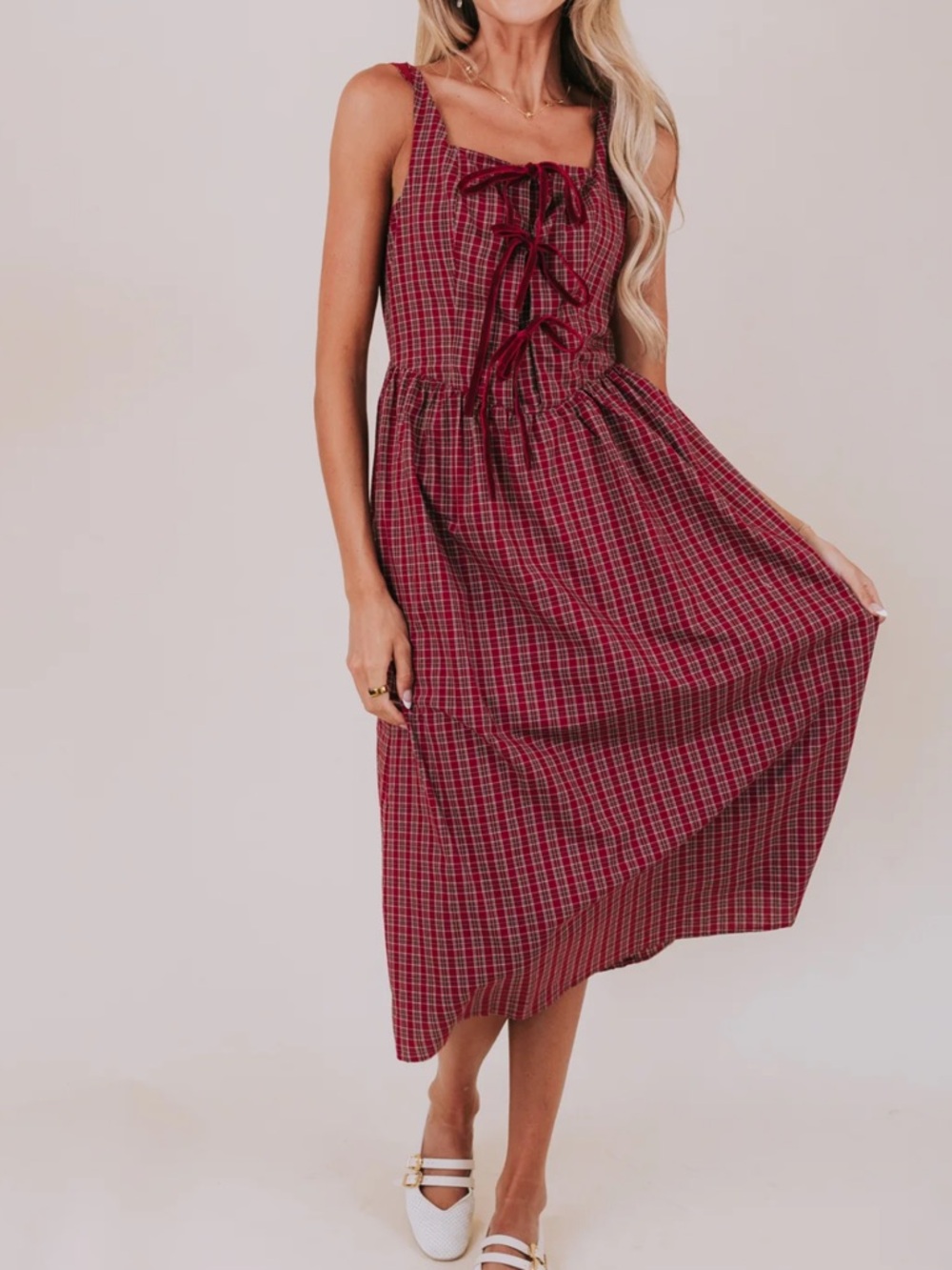 Sunday Edition 100% Cotton plaid smocked velvet bow square neck midi sundress